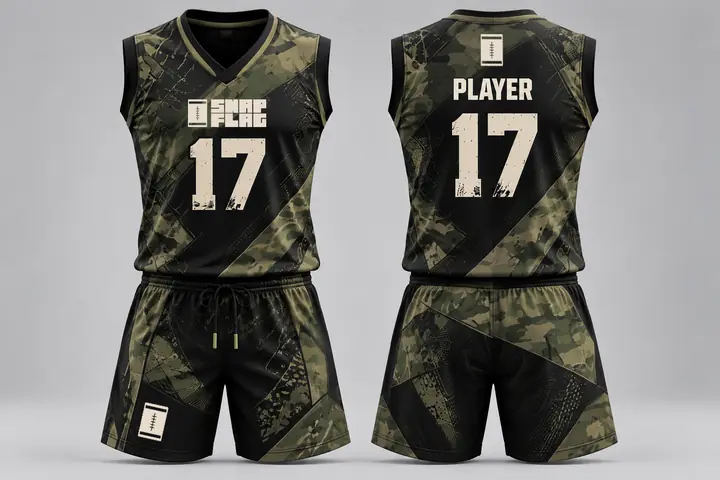Field Camo custom flag football uniform design in olive camo, front and back