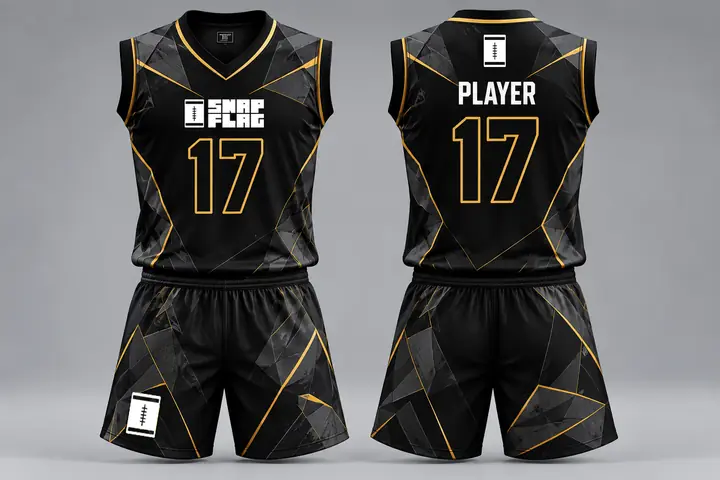 Gold Line custom flag football uniform design in black and gold, front and back