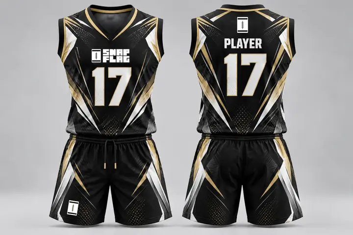 Gold Strike custom flag football uniform design in black, white and gold, front and back