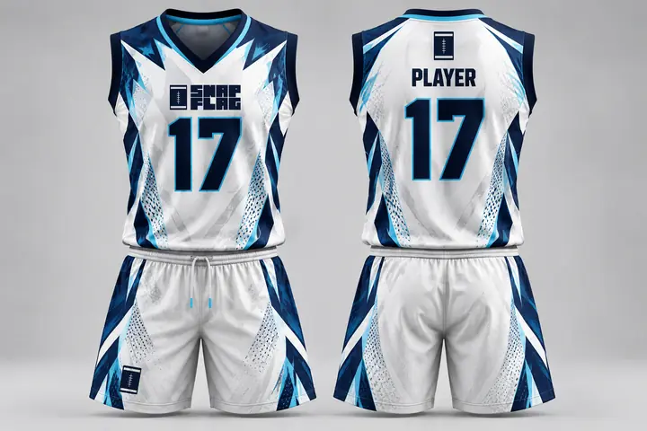 Ice Cyan custom flag football uniform design in white, navy and cyan, front and back