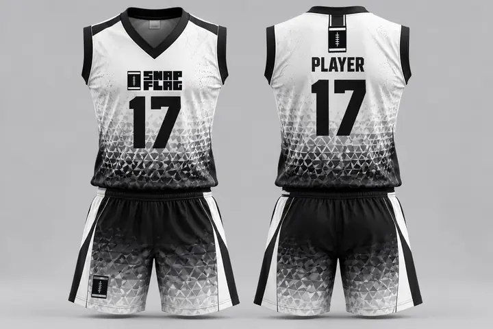 Mono Fade custom flag football uniform design in white and black, front and back