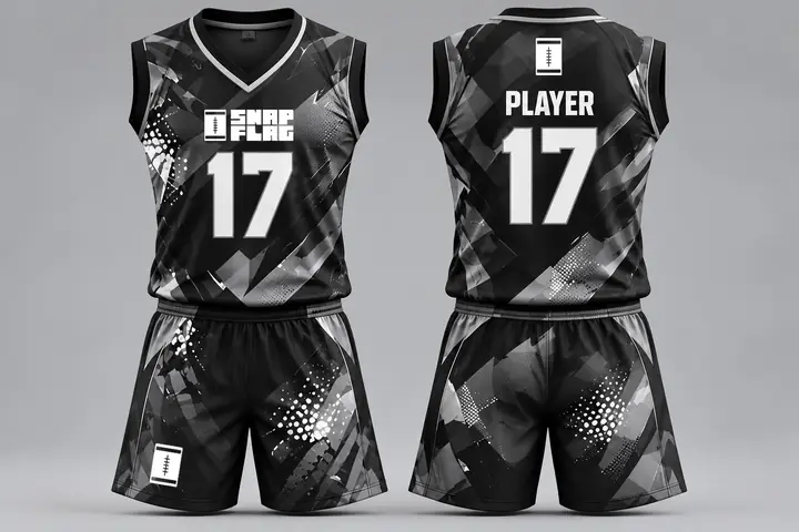 Monochrome custom flag football uniform design in black and grey, front and back