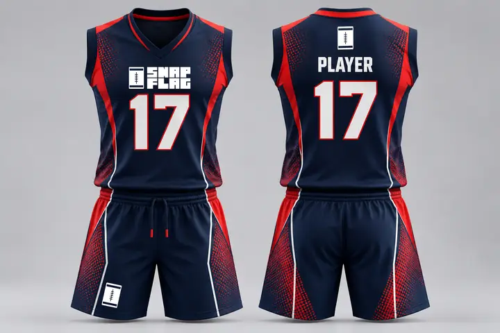 Navy Fire custom flag football uniform design in navy and red, front and back