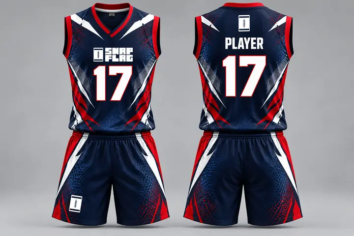 Patriot Strike custom flag football uniform design in navy, red and white, front and back