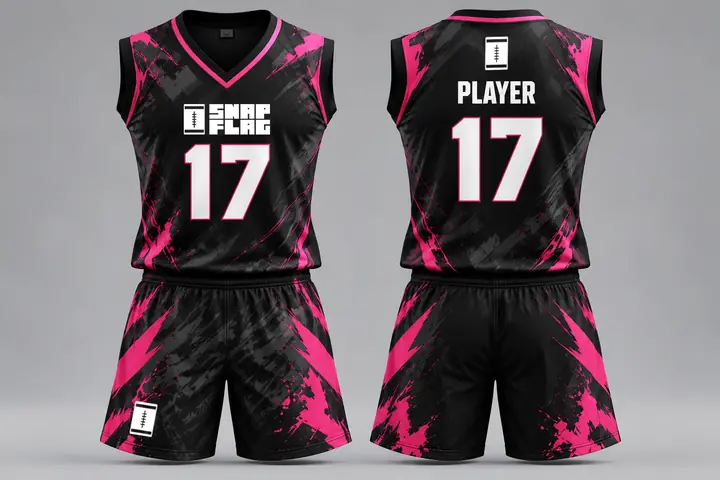Pink Splatter custom flag football uniform design in black and pink, front and back