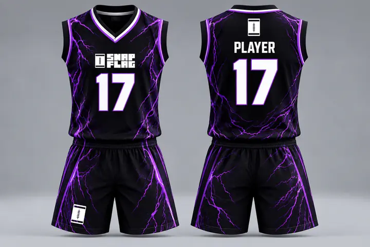 Purple Lightning custom flag football uniform design in black and purple, front and back