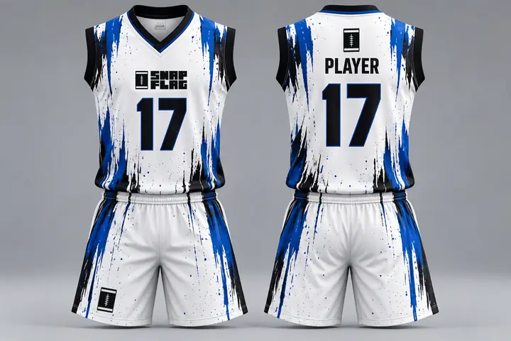 Royal Splash custom flag football uniform design in white and royal blue, front and back