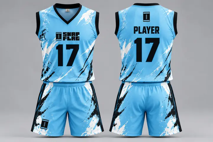 Sky Splash custom flag football uniform design in sky blue and white, front and back
