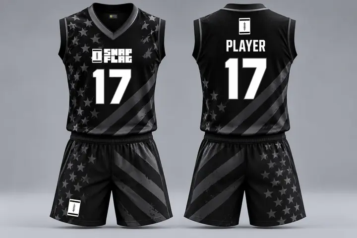 Stars and Stripes custom flag football uniform design in black and charcoal, front and back
