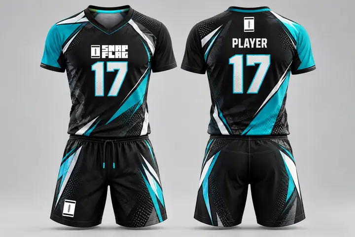 Teal Cut custom flag football uniform design in black and teal, short sleeve, front and back