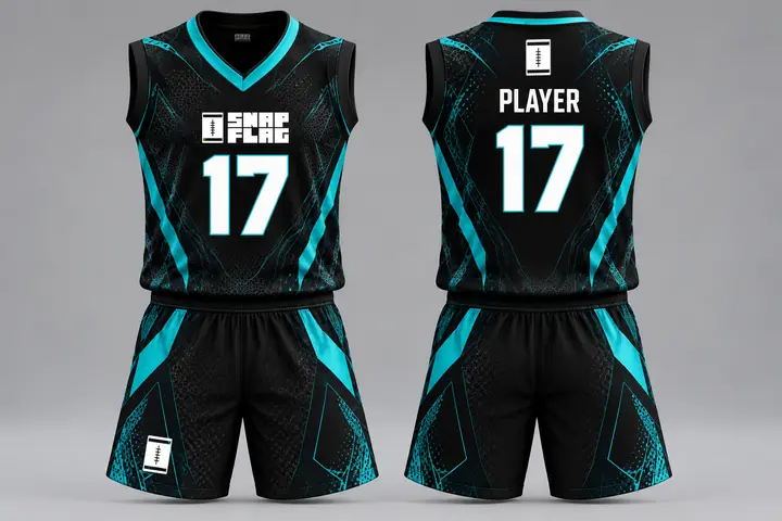 Teal Cyber custom flag football uniform design in black and teal, front and back