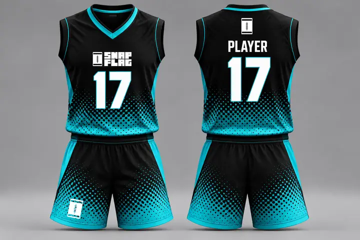 Teal Fade custom flag football uniform design in black and teal, front and back