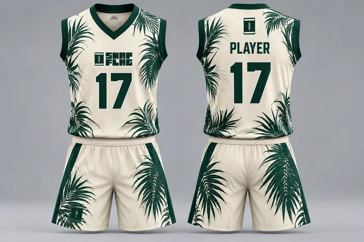 Tropical Palm custom flag football uniform design in cream and forest green