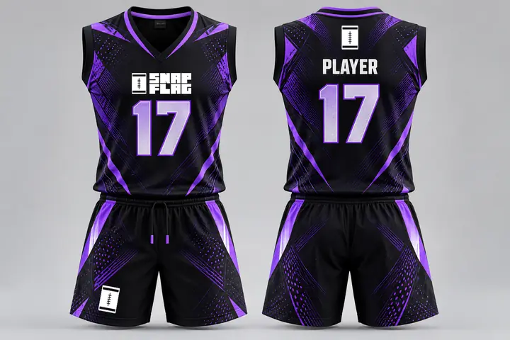 Violet Edge custom flag football uniform design in black and violet, front and back
