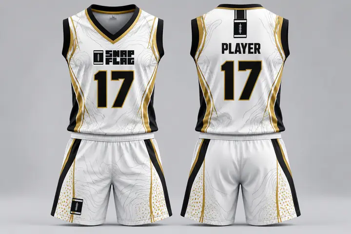 White Gold custom flag football uniform design in white, black and gold, front and back